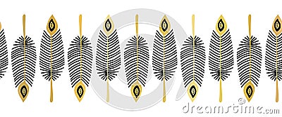 Seamless vector border feathers black gold. Repeating horizontal pattern hand drawn feather line art Boho illustration metallic Vector Illustration