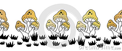 Seamless vector border golden fungi. Line art mushrooms metallic gold foil texture horizontal repeating pattern. Use for Vector Illustration