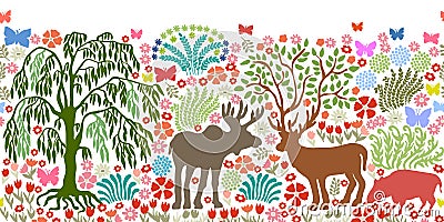 Seamless vector border with magic animals and trees. Vector Illustration