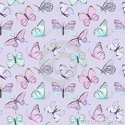 Seamless vector butterfly watercolor pattern. Vintage flying insect summer background. Colorful texture Vector Illustration