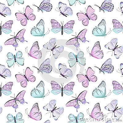 Seamless vector butterfly watercolor pattern. Vintage flying insect summer background. Colorful texture Vector Illustration