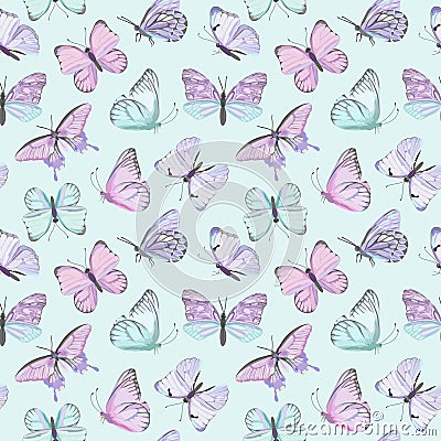 Seamless vector butterfly watercolor pattern. Vintage flying insect summer background. Colorful texture Vector Illustration