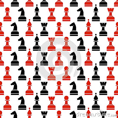 Seamless vector chaotic pattern with black and red chess pieces on the whitebackground Vector Illustration