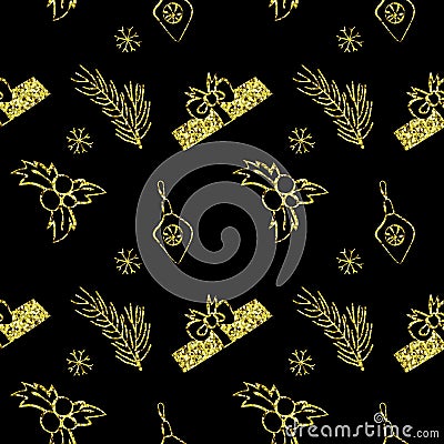 Seamless vector Christmas golden glitter texture. Tile backdrop with pine tree, gift box, christmas decoration, holly berry Vector Illustration