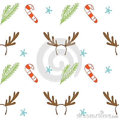 Seamless vector Christmas texture. Seamless backdrop with pine tree, candy cane, deer horns and snowflakes. Vector Illustration