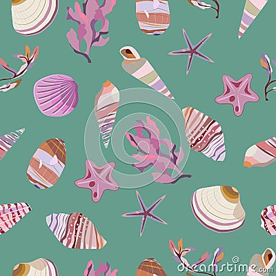 Seamless vector color pattern with shells. Hand drawn Ð¼arine background. Vector Illustration