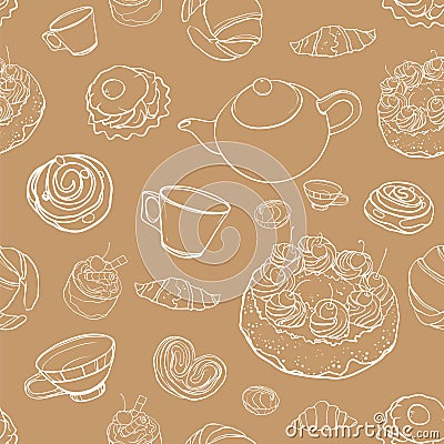 Seamless vector contour pattern with baking, pastries, cakes, te Vector Illustration