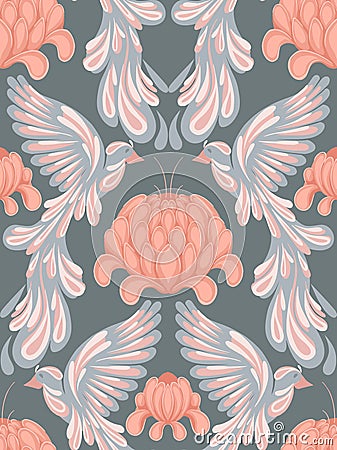 Seamless vector damask pattern with delicate stylized birds and lush peonies. Gentle texture in pastel colors on a white Vector Illustration