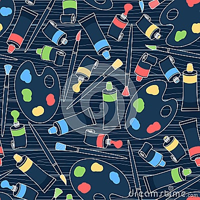 Seamless vector dark blue pattern of tubes with paints, palettes and paint brushes scattered on wooden boards Vector Illustration