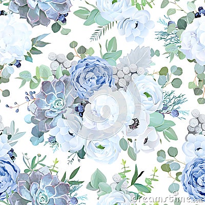 Seamless vector design pattern from dusty blue garden rose, whit Vector Illustration