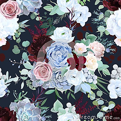 Seamless vector design pattern of dusty blue garden rose, white anemone Vector Illustration