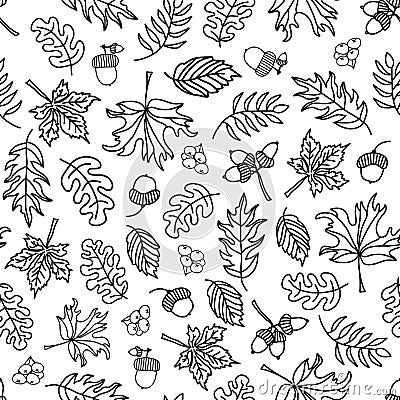 Seamless vector doodle leaves background. Black leaves on a white background. Acorns, oak tree, maple tree pattern. Monochrome Vector Illustration