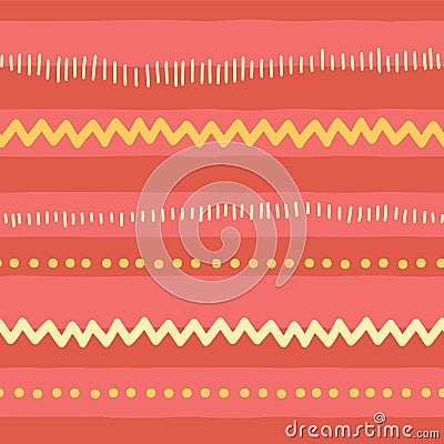 Seamless vector doodle pattern abstract horizontal lines, zigzag, dots, stripes. Red pink yellow tribal background. Texture for Vector Illustration