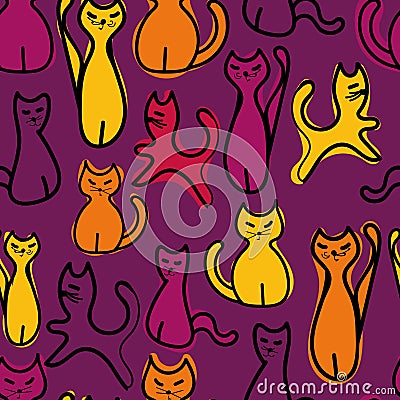 Seamless vector pattern with colorful cats on purple background Vector Illustration