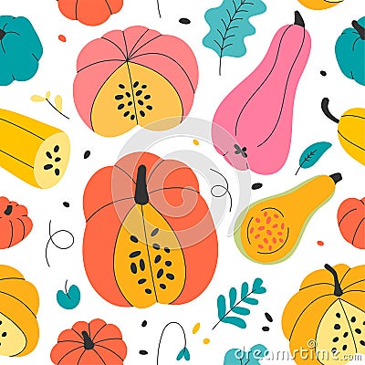 Seamless vector endless background with various color and shape pumkins. Autumn squash in cartoon hand drawn style made as repeat Vector Illustration
