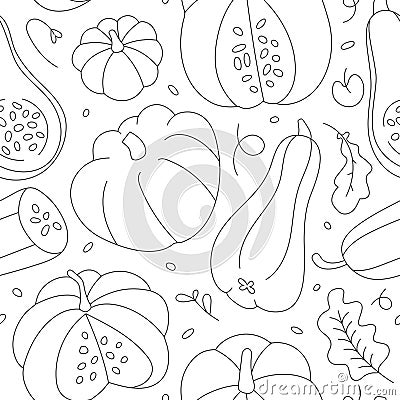 Seamless vector endless background with various shape pumkins. Autumn squash in contour linear hand drawn style made as repeat pat Stock Photo