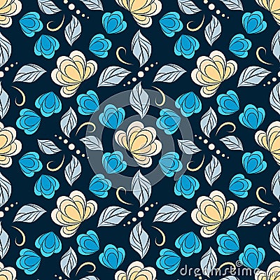 Seamless vector floral pattern with abstract flowers and leaves in bright blue colors on black background Vector Illustration