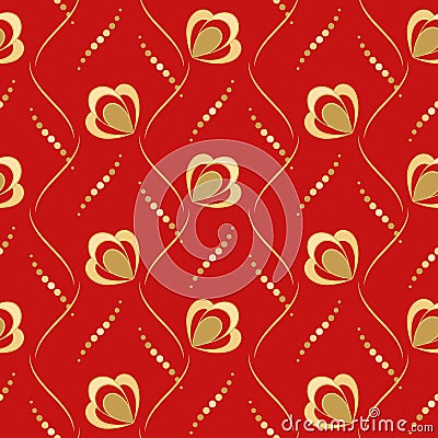 Seamless vector floral pattern with abstract flowers and leaves in gold-beige colors on red background Vector Illustration