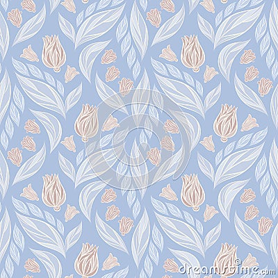 Seamless vector floral pattern with abstract flowers and leaves in pastel pink and white colors on blue background Vector Illustration