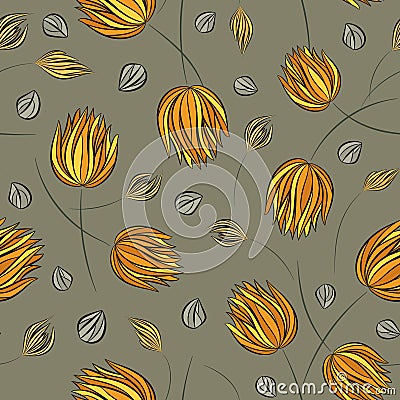 Seamless vector floral pattern with abstract mosaic flowers in gold-brown colors on gray background Stock Photo