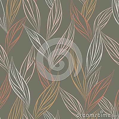 Seamless vector floral pattern with abstract outline leaves in pastel colors on dark background Vector Illustration