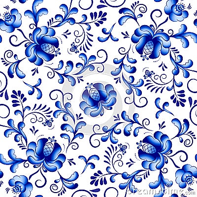 Seamless vector floral pattern background in the style of Gzhel. Traditional russian ornament. Vector Illustration