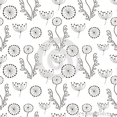 Seamless vector floral pattern. Black and white hand drawn background with different flowers and leaves. Vector Illustration