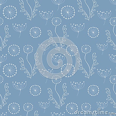 Seamless vector floral pattern. Blue hand drawn background with different flowers and leaves. Vector Illustration
