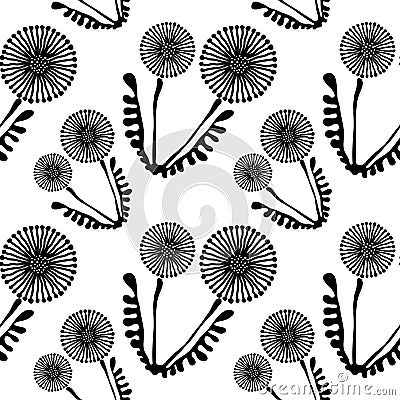 Seamless vector floral pattern with flowers. Cute hand drawn black and white background with dandelions. Vector Illustration