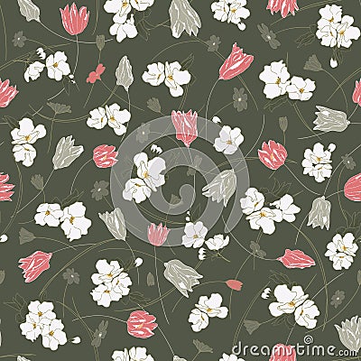Seamless vector floral pattern with hand drawn spring flowers in pink and white colors on black background. Ditsy print in sketch Vector Illustration