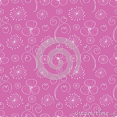 Seamless vector floral pattern. Pink hand drawn background with different flowers and leaves. Vector Illustration