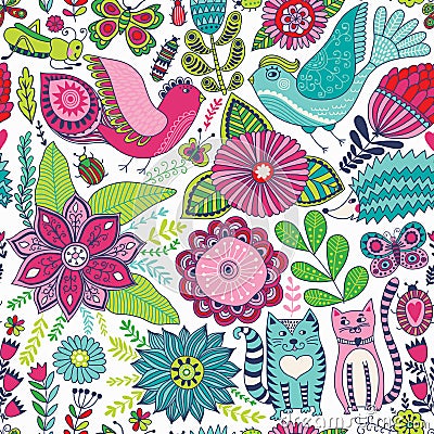 Seamless vector floral pattern, spring/summer backdrop. Bright colorful childish style animals and flowers. Romantic elements for Vector Illustration