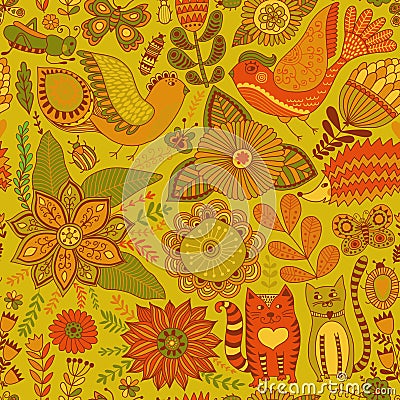 Seamless vector floral pattern, spring and summer backdrop. Bright colorful childish style animals and flowers. Romantic elements Vector Illustration