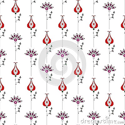 Seamless vector floral pattern. Symmetrical repeating background with decorative ornamental flowers and leaves on white Vector Illustration