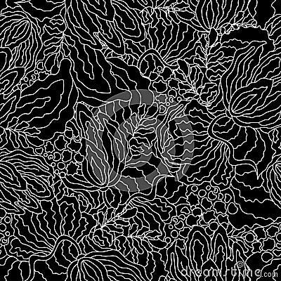 Black wavy flowers seamless pattern Vector Illustration