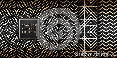 Seamless vector geometric golden element pattern set. Abstract background gold texture on black. Simple minimalistic dark print Vector Illustration