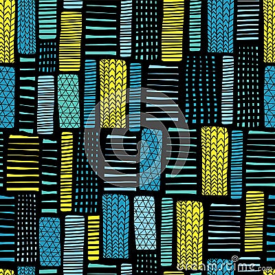 Seamless vector geometrical pattern with abstract rectangles. Black blue yellow hand drawn endless background with hand drawn Vector Illustration