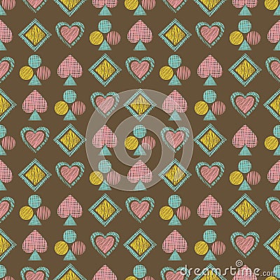 Seamless vector geometrical pattern with icons of playing cards. background with hand drawn textured geometric figures. Pastel Gra Vector Illustration