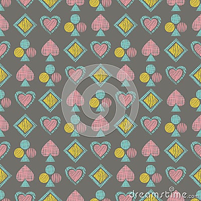 Seamless vector geometrical pattern with icons of playing cards. background with hand drawn textured geometric figures. Pastel Gra Vector Illustration