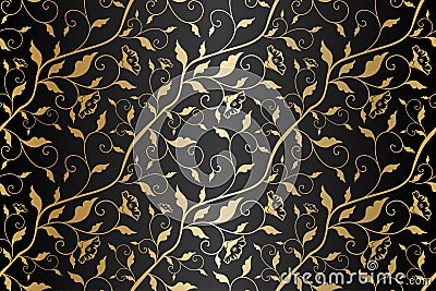 Seamless vector golden texture floral pattern. Luxury repeating damask black background. Premium wrapping paper or silk gold cloth Vector Illustration