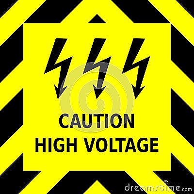 Seamless vector graphic of black upward pointing chevrons on a yellow background with the wording Caution High Voltage Vector Illustration