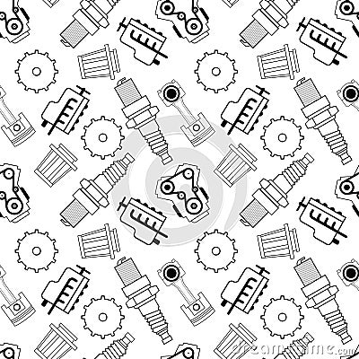 Seamless vector graphic pattern of automobile spare parts. line pattern of gasoline engine, exhaust, gear, spark plug, filter and Vector Illustration