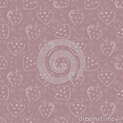 Seamless vector gray pattern with hand drawn strawberries and scribbles on the vinous background. Vector Illustration