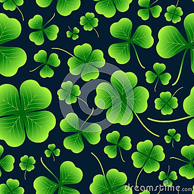 Seamless vector green pattern of shamrock and four-leaf clover. Elements for St. Patrick's Day design. Lucky clover Vector Illustration