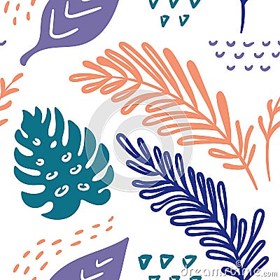 Seamless vector hand-drawn abstract pattern with tropical leaves in scandinavian style Vector Illustration