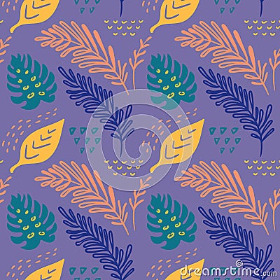 Seamless vector hand-drawn abstract pattern with tropical leaves in scandinavian style Vector Illustration