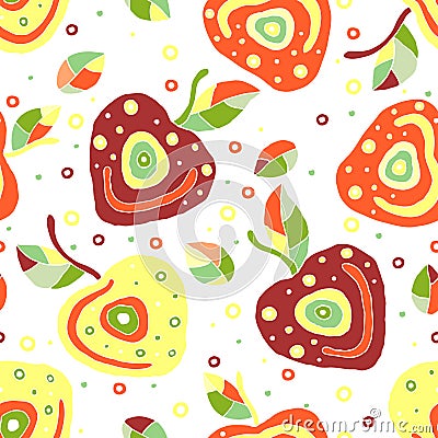 Seamless vector hand drawn childish pattern, border with fruits. Cute childlike cherry with leaves, seeds, drops. Doodle, sketch, Vector Illustration