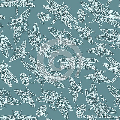 Seamless vector hand drawn pattern with fantasy butterflies, dragonflies, beetles, bugs and mothes. Vector Illustration