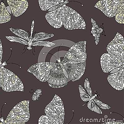 Seamless vector hand drawn pattern with fantasy butterflies in modern style. Vector Illustration