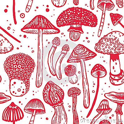 Seamless vector hand-drawn toadstool pattern. Stylized image of hallucinogenic mushrooms. Fantasy drawing concept of psilocybin Vector Illustration